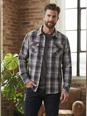 prAna Men's Plaid Button-Up Shirt Gray White Purple Long Sleeve L Pockets